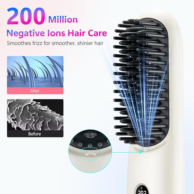 LCD Screen Cordless Hair Straightener Curler 2 in 1, Portable Mini Hair Straightening Brush for Travel Negative Ionic Fast Heating Hot Comb for Women, Folding Brush with Mirror, White