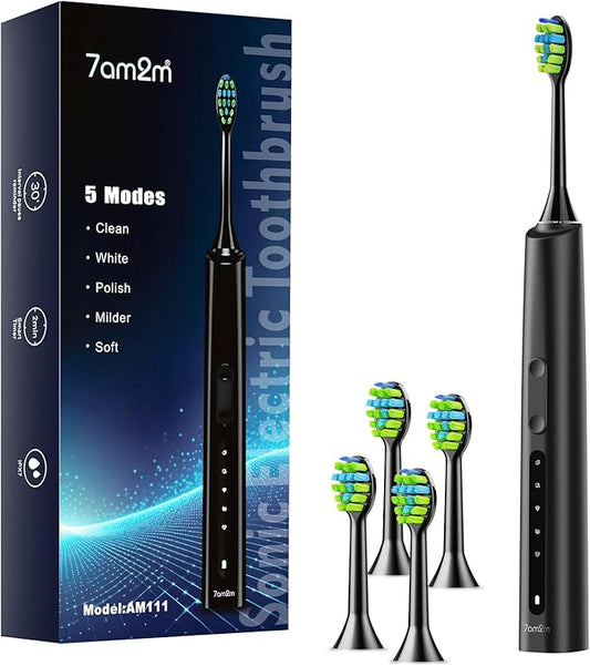 7AM2M Sonic Electric Toothbrush for Adults and Kids, 40000VPM Power Toothbrushes, Fast Rechargeable with 4 Brush Heads, 5 Modes, 2 Minutes Built in Smart Timer, One Charge for 60 Days (Black)