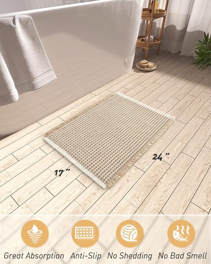 AMOAMI Upgraded Waffle Bath Mat, Super Absorbent Non Slip Bath Mats for Bathroom Floor, Machine Washable Bathroom Rugs with Tassels, Rubber Backed Bathroom Mats, Ultra Soft, 17" x 24",Brown & Cream