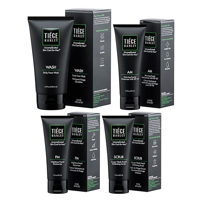 Tiege Hanley 90 Day Large Skin Care Set for Men, Essential Routine, System Level 1, Daily Face Wash, Facial Scrub, Moisturizer With SPF, and Night Cream for Healthy Skin, Men’s Skin Care, 4 Piece Kit