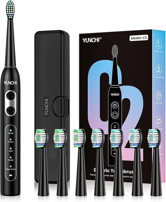 YUNCHI Electric Toothbrush for Adults and Kids, Sonic Rechargeable Toothbrushes with 8 Brush Heads, 1 Travel Case, 90 Days, 2 Min Timer, IPX7 Waterproof, 5 Modes, Type-C, 40000 VPM Motor, Black