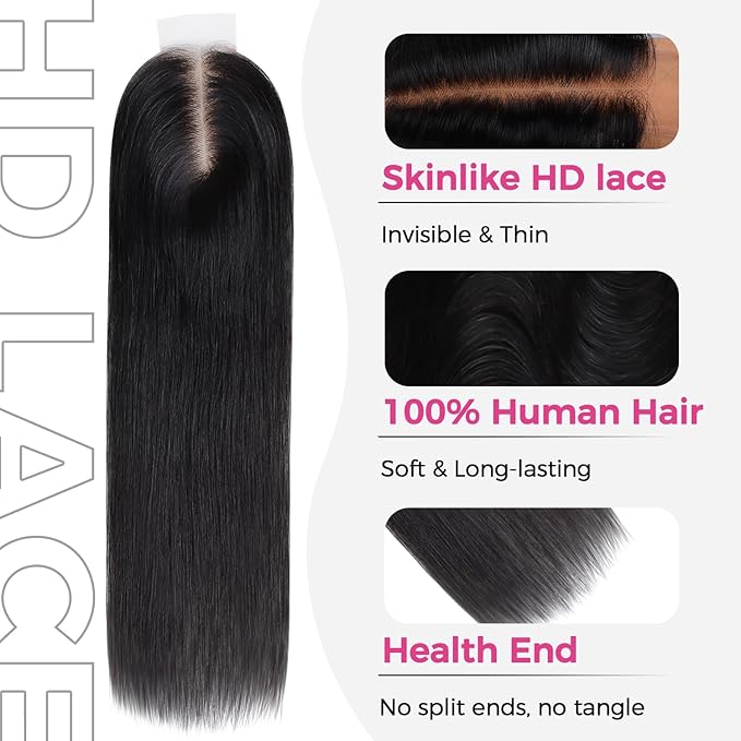 Lashey 2x6 SKINLIKE HD Lace Closure Human Hair Straight, 0.10mm Ultra-Thin Invisible HD Lace, Pre-Bleached Knots and Pre-Plucked Hairline 18 Inch Natural Black