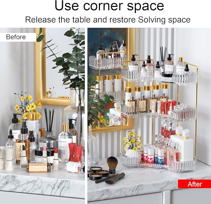 GTI 3-Tier Corner Bathroom Counter Organizer, Large Capacity Makeup Organizer Countertop, Perfume Cosmetics Skincare Vanity Organizers, Exquisite Countertop Storage for Women (Clear)