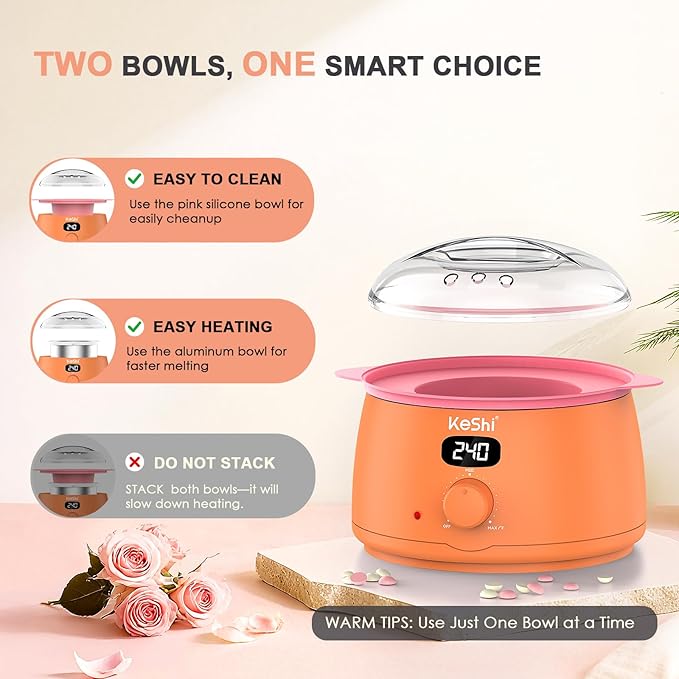 KeShi Waxing Kit for Women and Men, Digital Wax Warmer with 6 Bags Hard Wax Beads, at-Home Hair Removal Wax Kit for Full Body, Face, Eyebrow, Bikini, Legs, Brazilian & Sensitive Skin(Vital Orange)