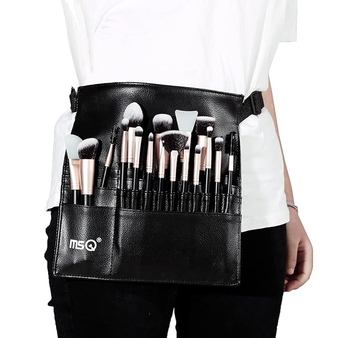 MSQ 23 Pockets Professional Cosmetic Makeup Brush Bag with Adjustable Artist Belt Strap Multi Pockets PU Leather Portable Cosmetic Brush Holder Organizer (Brush Not Included)