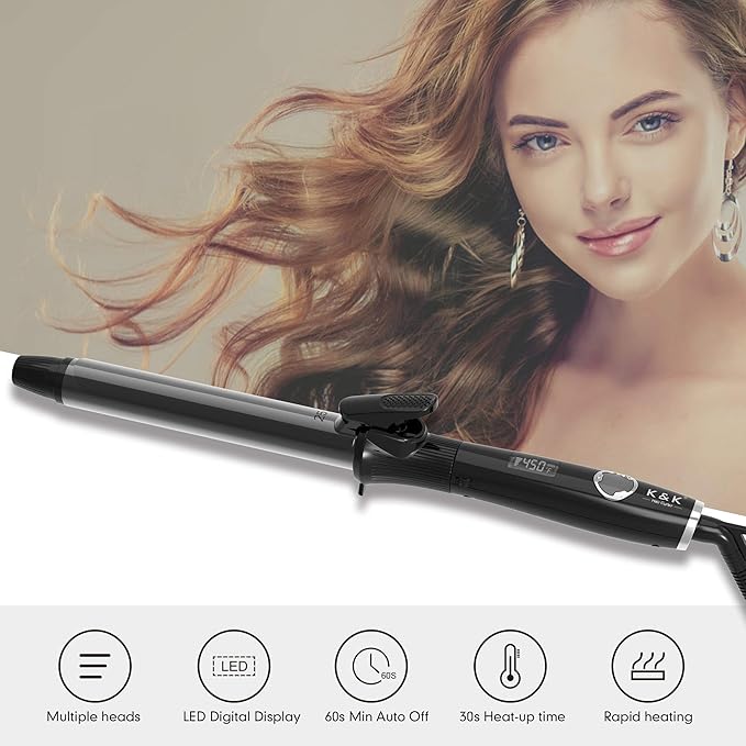 1 1/4 Inch Curling Iron with Clipped Tourmaline Ceramic Barrel Professional 1.25 Inch Hair Curler up to 450°F Dual Voltage for Traveling 60 Mins Auto Off Suit for Different (Black, 1.25 Inch)