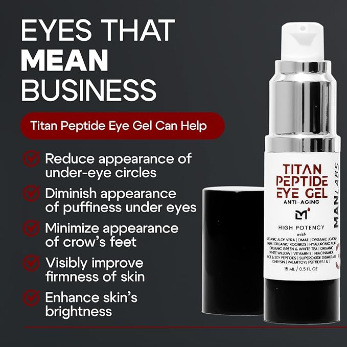 Titan Peptide Anti-Aging Under Eye Gel for Men – Reduce Appearance of Puffiness, Dark Circles, Eye Bags, & Sagging – DMAE, Niacinamide, Hyaluronic Acid, Peptides – All Skin Types – Unscented