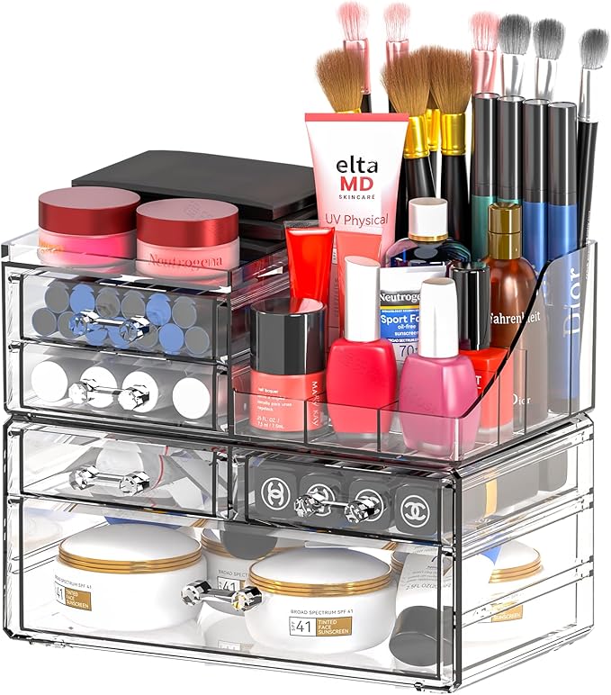 SUOXING Clear Acrylic Makeup Organizer for Vanity,Bathroom,Dresser,5 Drawer Make up Organizers for Counter,Plastic Countertop Makeup Storage for Beauty,Hair Accessory,Brush,Cosmetic,Skincare Organizer