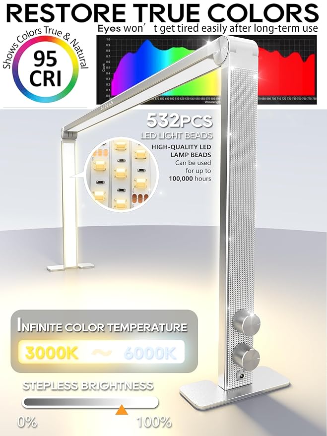 Upgraded Nail Tech Lamp for Desk, 32 in Foldable Large Nail Light with Phone Holder, 3000K-6000K CRI＞95 LED Manicure Lamp, Half Moon Light for Lash Eyelash Extension, Tattoo, Eyebrows-Diamond Silver