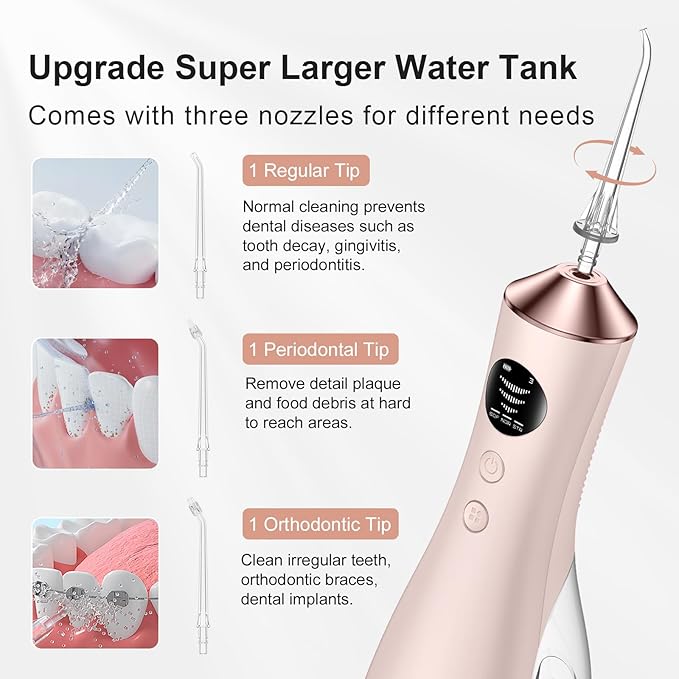 Water Dental Flosser for Teeth, Portable Cordless Water Flosser with 300ML Rechargeable with Type-C, IPX7 Waterproof Water Flossers for Adults with 3 Intensity Modes and 3 Flossing Tips
