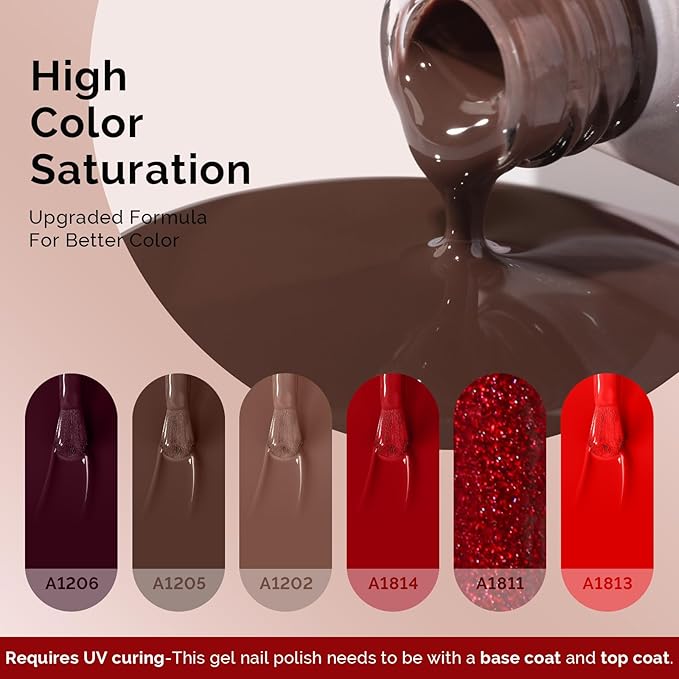 MelodySusie Red Brown Gel Nail Polish Set - 6 Colors Burgundy Red Glitter Beige Brown Soak Off UV LED Gel Polish Gift for Women Nail Art Manicure Salon DIY Nail Design Decoration at Home