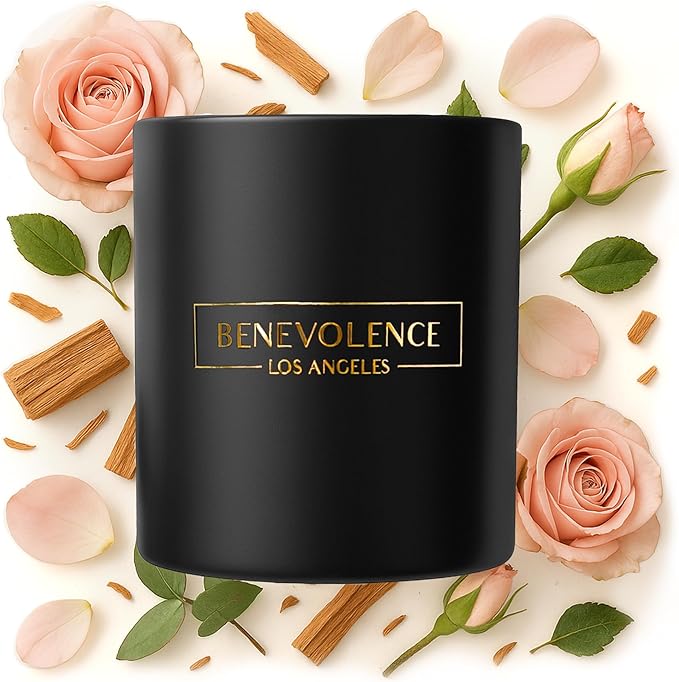 Benevolence LA Rose & Sandalwood Scented Candle | Soy Christmas Candles, Black Candle for Home | Holiday Candles Gifts for Women and Men | Home Fragrance | Aromatherapy | 8oz, 45 Hour Burn