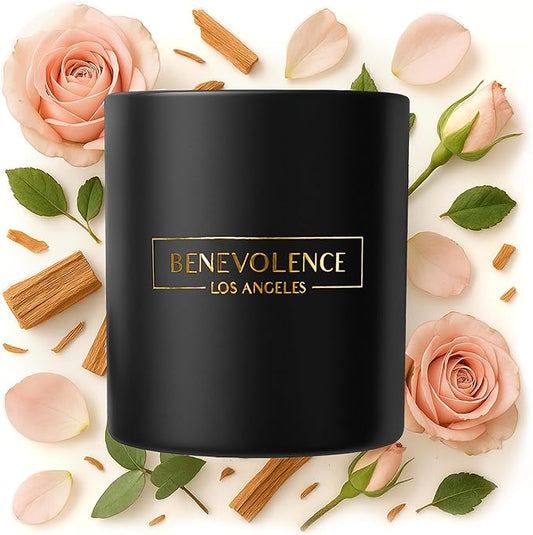 Benevolence LA Rose & Sandalwood Scented Candle | Soy Christmas Candles, Black Candle for Home | Holiday Candles Gifts for Women and Men | Home Fragrance | Aromatherapy | 8oz, 45 Hour Burn