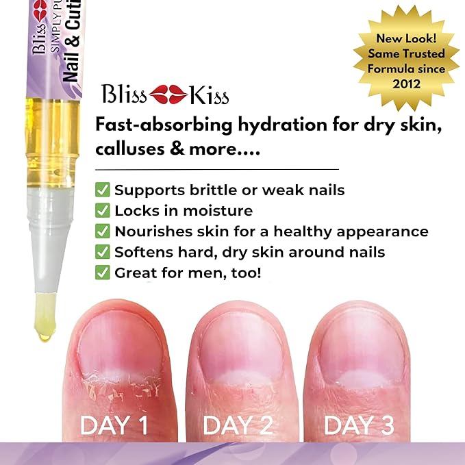 Bliss Kiss | 1 Lavender Vanilla | Nail Oil Cuticle Pen w/Vitamin E & Jojoba⏤Nail Strengthener Nail Growth Serum for Brittle Peeling Breaking Thin Nails