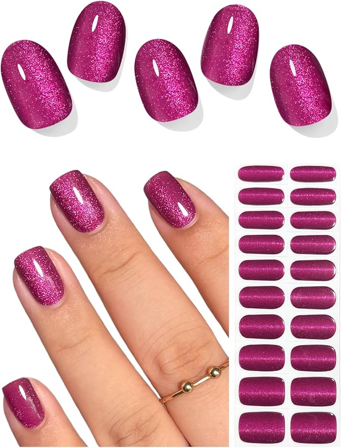 Semi Cured Gel Nail Strips (Purple-Red Cat Eye), 20 Pcs Gel Nail Wraps, Stickers, Salon Quality, Works With Any Lamps