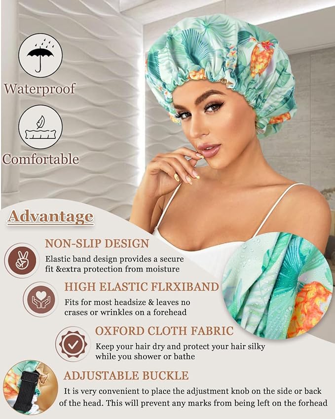 Shower Caps for Women Waterproof Reusable… (Pineapple Palm)