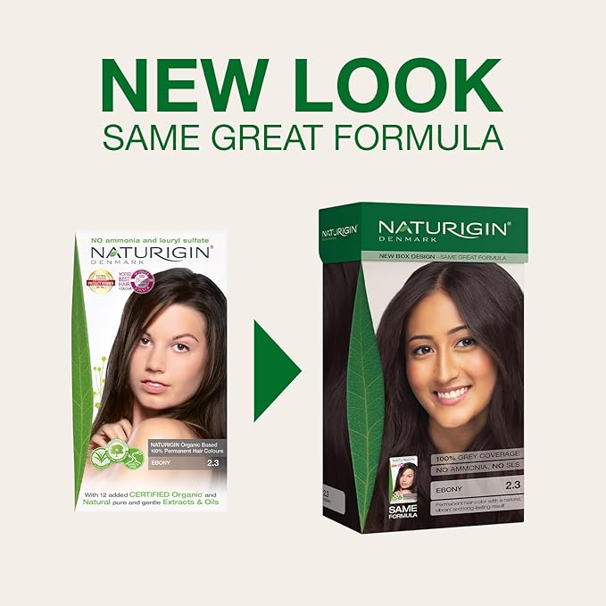 Naturigin Permanent Hair Color, 2.3 Ebony Black, Ammonia Free, 100% Gray Coverage, Nourishing Natural Formula, For All Hair Types, Long-Lasting, Vegan & Cruelty-Free, 1 Pack