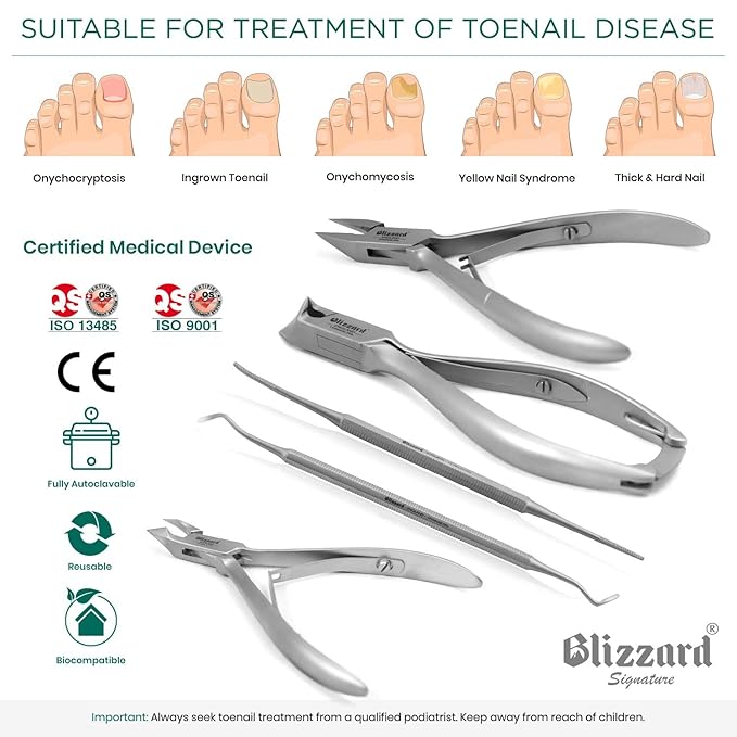 Podiatry Tool Kit by Blizzard – 5 Piece Set with Concave Arrow and Flame Toenail Nippers, Blacks File and Probe - German Forged Instruments - Hospital Grade
