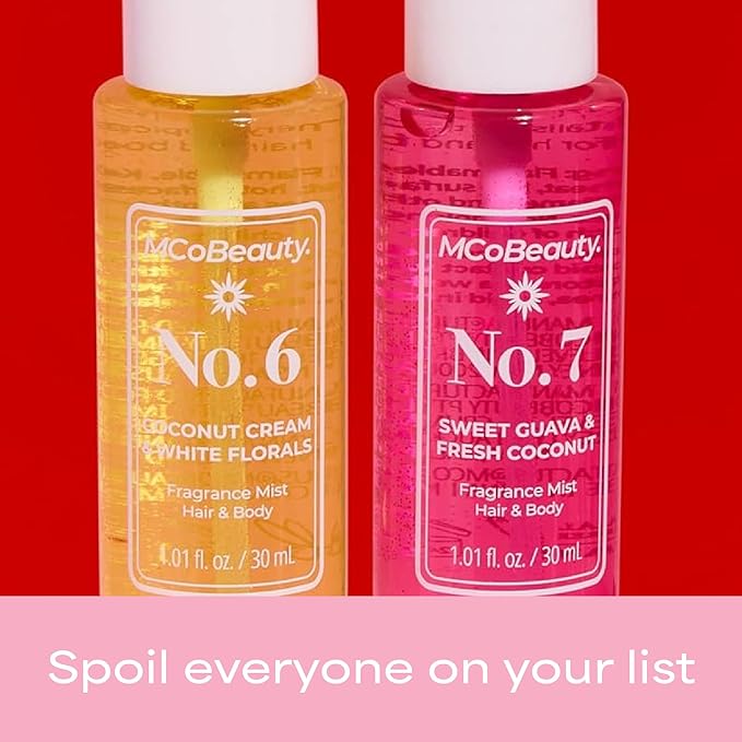 MCoBeauty - Mini Fragrance Mist Duo, No. 6 & No. 7, Limited Edition Travel-Size Body & Hair Perfume Sprays with Tropical Coconut & Guava Scents - Holiday Collection, Cruelty Free Fragrance Gift Set