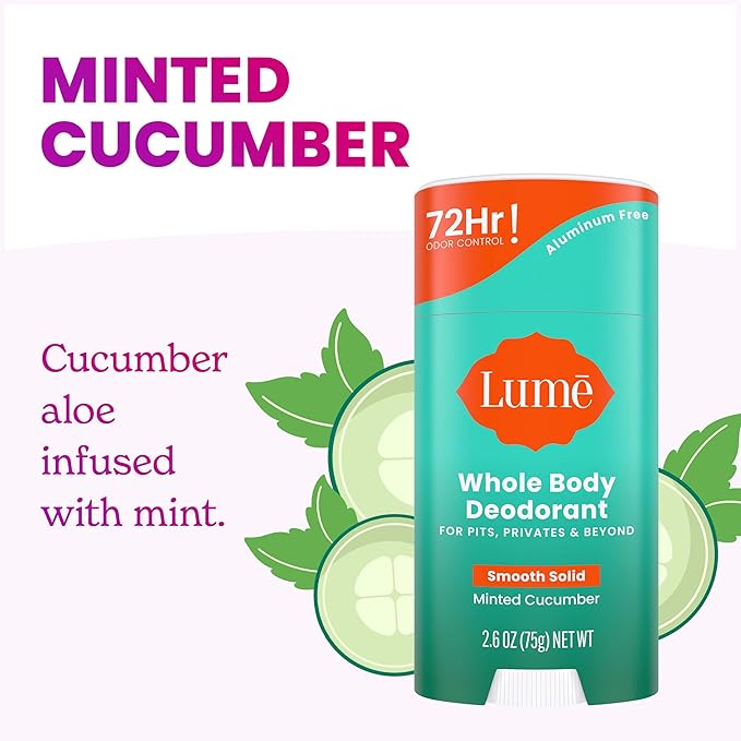 Lume Whole Body Deodorant - Invisible Cream Tube Mini and Solid Stick - 72 Hour Odor Control - Aluminum Free, Baking Soda Free, Skin Safe - 0.5 Oz Mini Tube + 2.6 Oz Solid Stick (Minted Cucumber)