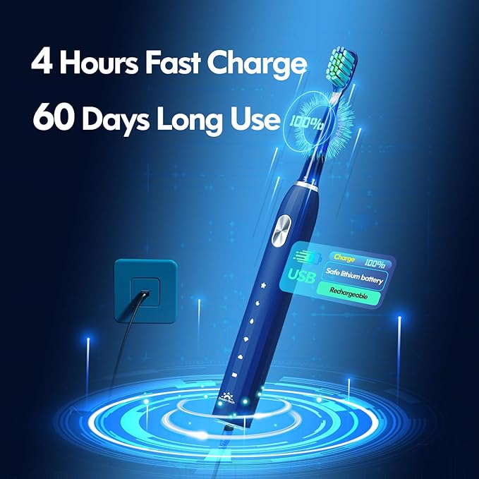 Electric Toothbrush for Adults Kids Electric Toothbrush Rechargeable Sonic Toothbrush Ultrasonic Toothbrush with Timer, 9 Brush Heads, 5 Cleaning Modes 4-Hour Charge Lasts 60 Days (Blue 8-12)