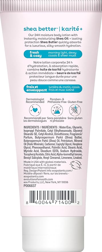 eos 24H Moisture Travel Body Lotion- Fresh & Cozy, Travel Size Essential, Toiletries, Mini Body Lotion, 2.5 fl oz