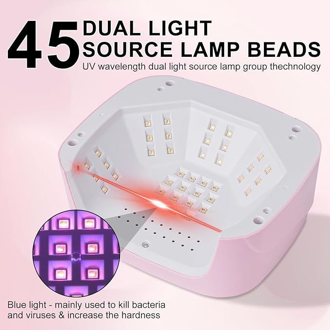 LIMEGIRL UV LED Nail Lamp Kit for Gel Polish Professional Fast Curing Pink Dryer Light Set with 4 Timer Settings Cordless Rechargeable Nail Art Cure Machine with UV Gloves for Manicure Pedicure