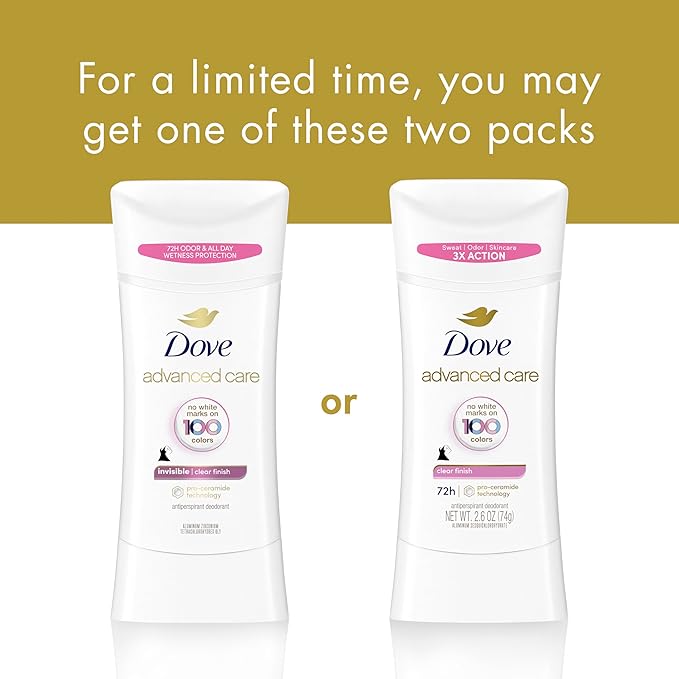 Dove Advanced Care Antiperspirant Deodorant Stick for Soft, Resilient Skin, Clear Finish with No White Marks and 72-Hour Sweat & Odor Protection, 2.6 oz
