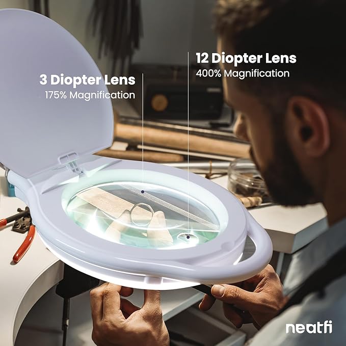 Neatfi Elite XL HD Super LED Magnifying Lamp, 3 Diopter with 12 Diopter, Dimmable, 3 Light Modes (3000K/4000K/6500K), Glare-Free, Adjustable Arm (White, 7-Inch Glass Lens with Clamp)