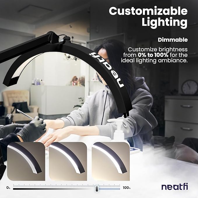 Neatfi Half Moon Swing Arm Table Lamp, 2500 Lumens, CCT Dimming, 5 Light Modes, Professional LED Lighting for Estheticians, Ideal for Nail Art, Facials, and Tattoos (with Base and Clamp, Black)
