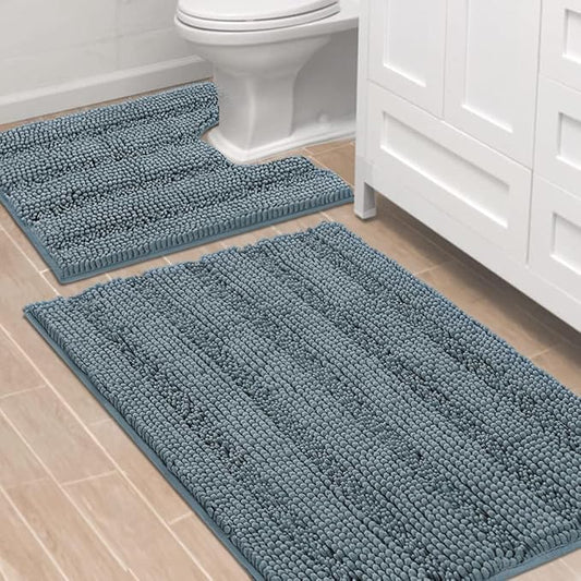 H.VERSAILTEX Bathroom Rugs Bath Rug Set 2 Piece Bathroom Contour Rug Toilet Mat Sets Non Slip Contour Bath Rug Ultra Thick Water Absorbent Striped Bath Mats(36" x 24" Plus 20" x 24" U, Stone Blue)