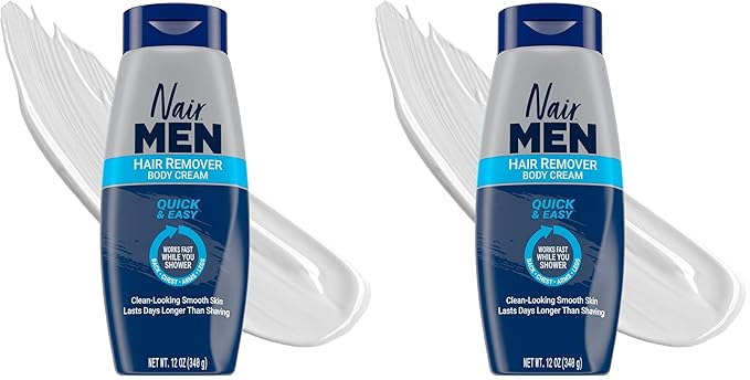 Nair Men Hair Remover Body Cream, Quick and Easy Body Hair Removal Cream for Men, Aloe and Lanolin, Dermatologist Tested, 12 Oz (Pack of 2)