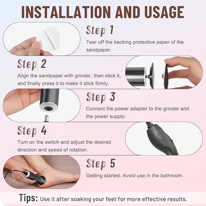 Dermawave Electric Foot File Callus Remover for Feet, Professional Foot Scrubber Sander Grinder for Dead Skin Cracked Heel, Pedicure Tool with 60 Sandpaper Discs for Men & Women