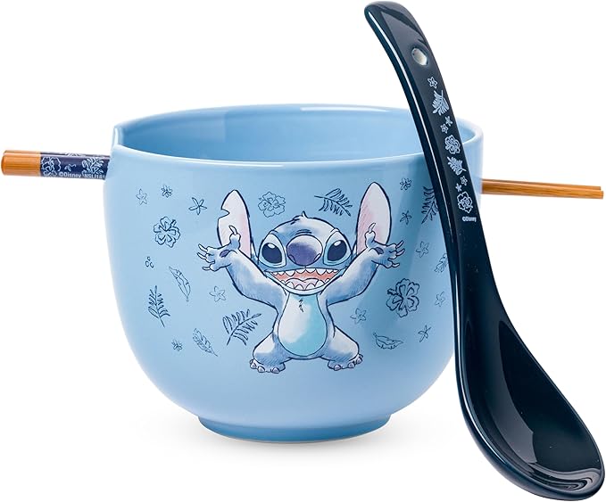 Silver Buffalo Disney Lilo and Stitch Hands Up Leaves and Flowers Ceramic Ramen Noodle Rice Bowl with Chopsticks and Spoon, Microwave Safe, 20 Ounces