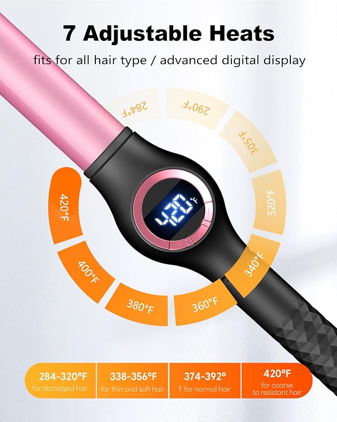 1 Inch Curling Wand for Long Hair, Extra Long Barrel Ceramic Curling Wands, 7 Adjustable Heats for All Hair Type, 110-240V Dual Voltage Wand Curler, 60 Minutes Auto Shut Off