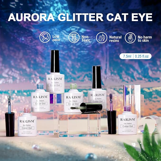 RARJSM Aurora Mermaid Cat Eye Gel Nail Polish Set 6pcs Reflective Pink Purple Green Blue Diamond Ceramic Glitter Glass Cateye Gelpolish with Magnet Stick 7.5ml Curing Requires Soak Off for Home Salon