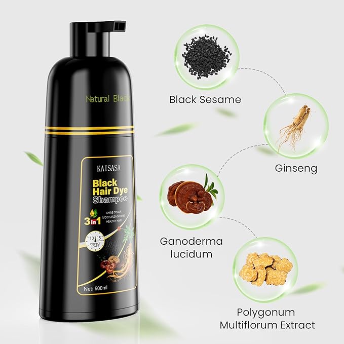 Black Hair Dye Shampoo 3 in 1, Hair Color Shampoo for Women and Men, Hair Dye to Cover Gray Hair, Herbal Ingredient Shampoos for Grey Hair Coverage 500ml (Black)