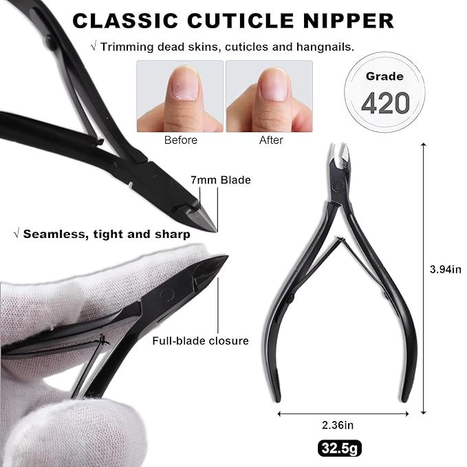 Cuticle Pusher Cuticle Nipper Set, Russian Pre-Treatment Nail Pushers, Cuticle Remover with 100/180 Grit Sandpaper, 7mm Full Jaw Cuticle Trimmer, Nail Care for Manicure Pedicure Nail Art