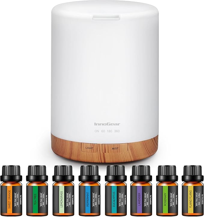 InnoGear Aromatherapy Diffuser & 8 Essential Oils Set, 300ml Premium 5-in-1 Ultrasonic Essential Oil Diffusers Scent Humidifier Aroma Diffuser Vaporizer Auto-Off Timer for Room Office Home, Yellow