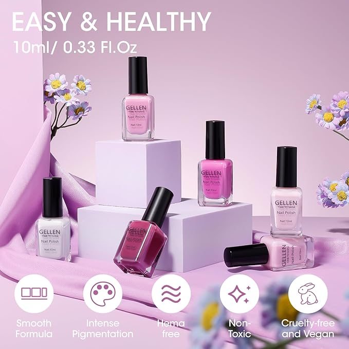 GELLEN Light Purple Nail Polish, Mauve Nail Polish 6 Colors Lavender Purple Set for Girls Women Home Salon Fall Winter, No UV Light Needed, Not UV Gel, Hema Free, Non-toxic