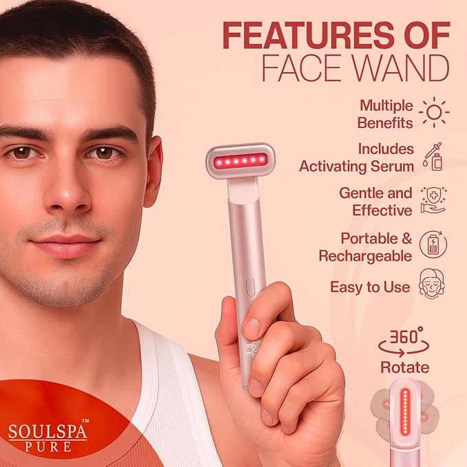 Face Massager 7 in 1 LED Red Light Wand for Face, Neck & Eye – Rose Gold with Activating Serum | Portable Skincare Device Rechargeable Beauty Tool