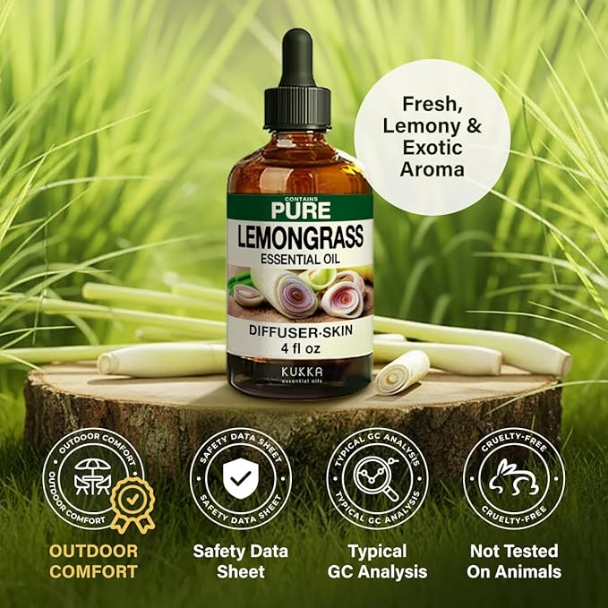 KUKKA Lemongrass Essential Oils - 4 Fl Oz - for Hair, Skin, Diffuser, Aromatherapy & DIY Soap Making Scent