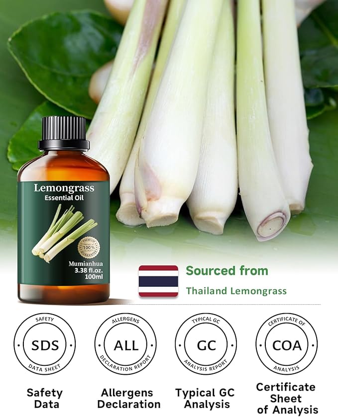 Pure Lemongrass Essential Oil,Mumianhua Natural Lemongrass Oil for Aromatherapy Diffuser, Outdoor Fresh Air, Natural Protective Blends, Skin Care, Hair, Spray, Soap, Candle Making 3.38 Fl Oz