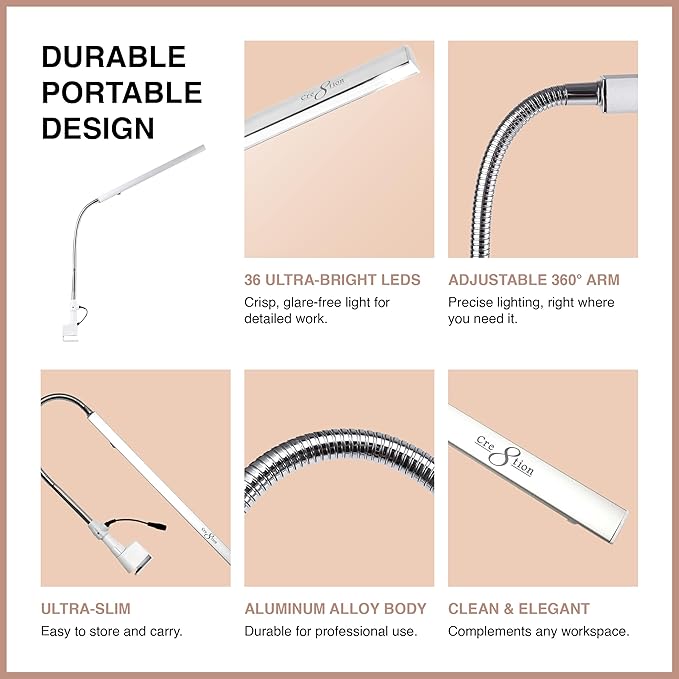 Cre8tion Ultra‑Slim LED Desk Lamp, Champagne Gold, 12 W Sleek Task Light for Nail Salons, Lash Techs, Home Offices (Silver)