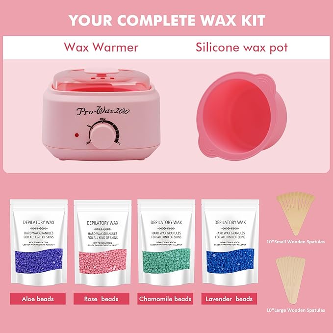 Waxing Kit for Women & Men - Complete Hair Removal Wax Kit with 4 Bags Hard Wax Beads & Silicone Pot for Full Body, Bikini, Brazilian, Eyebrow, Legs, Face - Easy to Use at Home Wax Warmer