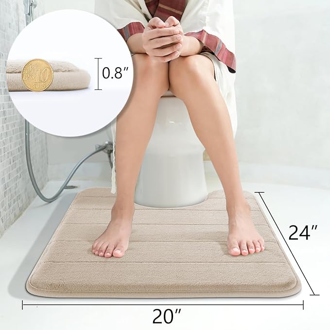 Yimobra Memory Foam Toilet Bath Mat U-Shaped, Soft and Comfortable, Super Water Absorption, Non-Slip, Thick, Machine Wash and Easier to Dry for Bathroom Commode Contour Rug, 24 X 20 Inches, Beige