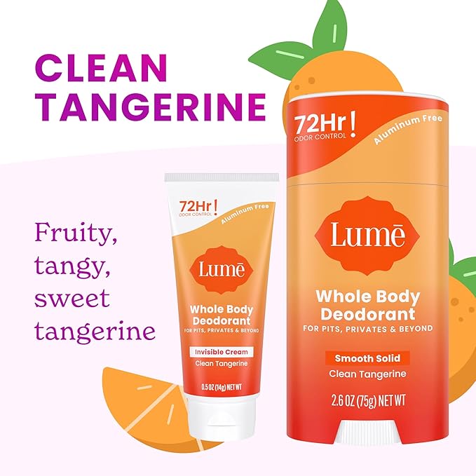 Lume Whole Body Deodorant - Invisible Cream Tube Mini + Solid Stick Bundle - 72 Hour Odor Control - Aluminum & Baking Soda Free, Skin Loving (Clean Tangerine)