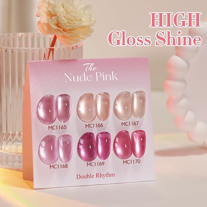 Double Rhythm Cat Eye Gel Nail Polish Set of 6 Same Color Same Bottle 0.5 Oz Shimmer Glitter with Magnet Holographic Reflective Magnetic UV Nail Polish Kit at Home (Nude Pink Rose-T6-30)