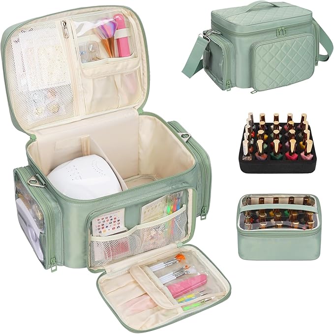 Nail Polish Organizer, Nail Polish Storage Holds 42+ Bottles & Nail Lamp, Portable Travel Nail Kit Storage Carrying Case Fits Nail Suppiles, Gift for Manicurist, Grils - Green