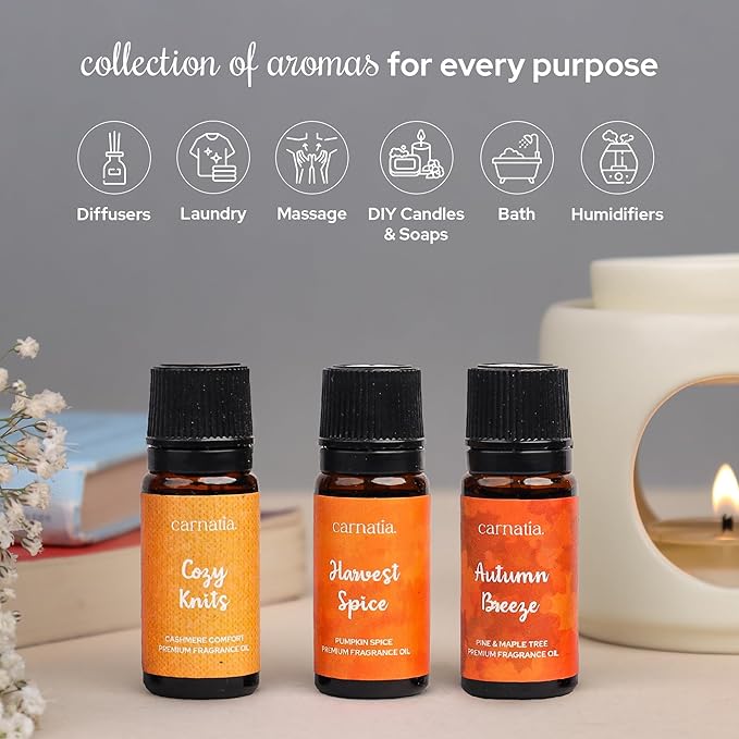 Carnatia Fall Whispers Aroma Oil Set - Pack of 6 | Cozy, Nostalgic Scents for Diffusers | Embrace Autumn’s Warmth with Earthy, Spiced & Comforting Aromas!